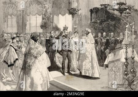 At the wedding of the Great Duchess Alexandra Feodorovna and Emperor Nicholas II; the bride and groom are crowned during the marriage ceremony in the Winter Palace.     Date: 26th November 1894 Stock Photo