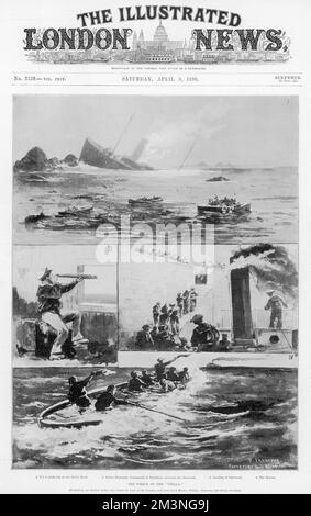 Scenes depicting the various incidents relating to the sinking of the steam ship, 'Stella'. The ship was sailing from Southampton when  it was caught among the Casquet rocks and her bottom was torn open. The scenes depicted here show the foundering at the Roche Noire; Pierre Normand, Coastguard at Tardeheu, discovering survivoirs; the landing of survivors; and the rescue operation.     Date: 1899 Stock Photo