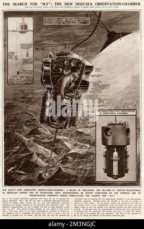 The Royal Navy's new deep-sea observation chamber, invented by Robert H Davis of Siebe, Gorman & Co., the inventor of submarine life-saving apparatus. The observation chamber was used in the search for the sunken submarine HMS M2 which sank on a training exercise on 26th January 1932 in West Bay, Dorset with the loss of all 60 crew.     Date: February 1932 Stock Photo