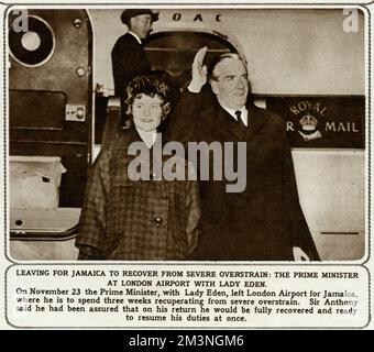 The British Prime Minister Anthony Eden(1897-1977) at London Airport with Lady Eden. Sir Eden left for Jamaica on 23rd November 1956 to spend three weeks recovering from severe overstrain.     Date: 23 November 1956 Stock Photo