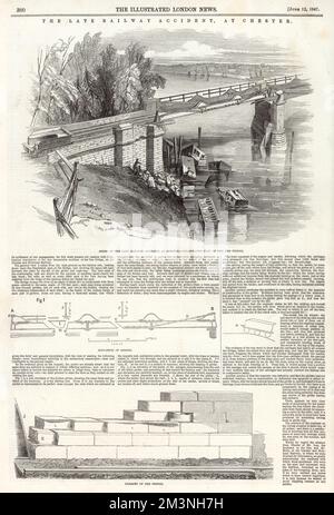 Accident at the Dee Bridge on the Chester and Holyhead Railway, showing the delapidated span of the Dee Bridge, the elevation of girder, and the parapet of the bridge.     Date: 1847 Stock Photo