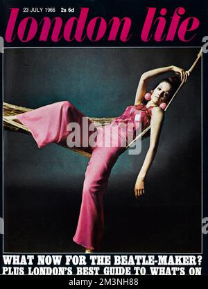 Front cover of the impossibly groovy London Life magazine which ran for just two years between 1965 and 1966 but chronicled the life and times of swinging sixties London.  This particular cover features the model Belinda Willis, reclining languidly in a hammock and wearing chiffon trousers and spangled top by Georgina Linhart and huge spherical earrings by Felicity Bosanquet.       Date: 1966 Stock Photo