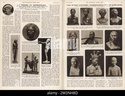 Double page spread from The Illustrated London News featuring editorial and photographs relating to the range of sculptures by the American female sculptor, Malvina Hoffman.  The sculptures depicted all anthropological types of living races for the Field Museum of Natural History at Chicago.  Hoffman was born in New York in 1887 and studied sculpture under Rodin.  An example of her work in London is the group on Bush House in Kingsway dedicated to 'the friendship of English-speaking peoples'.  1933 Stock Photo