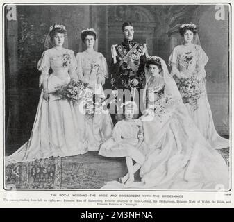 Formal group portrait taken on the occasion of the marriage of Princess Margaret of Connaught to Crown Prince Gustavus Adolphus of Sweden in June 1905.  From left: Princess Ena of Battenberg, Princess Beatrice of Saxe-Coburg, the Bridegroom, Princess Mary of Wales, the Bride and Princess Patricia of Connaught, the bride's younger sister.     Date: 1905 Stock Photo