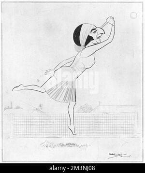 Suzanne Lenglen (1899-1938), French tennis player and champion, winner of 81 singles titles, 73 doubles and 11 mixed doubles captured by cartoonist Fred May wearing her signature bandeau and balletically playing a shot.     Date: 1925 Stock Photo