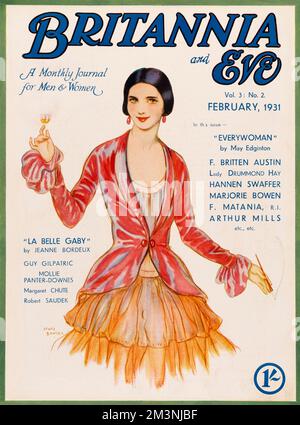 Front cover of Britannia and Eve magazine featuring a Lewis Baumer illustration of a pretty woman dressed in a red jacket and orange flounced skirt raising a small glass of sherry in a convivial gesture.     Date: 1931 Stock Photo