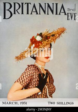 Front cover of Britannia and Eve magazine featuring an elegant 1950s woman wearing a brown patterned dress, a string of pearls and an elaborate straw raffia hat trimmed with flowers.     Date: 1951 Stock Photo