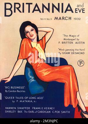 Front cover of Britannia and Eve magazine featuring a woman posing in an orange bias cut dress typical of the period, and black hat.     Date: 1932 Stock Photo