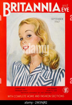 Front cover of Britannia and Eve magazine featuring an illustration of a pretty young woman with blonde, wavy hair, red lipstick and a smart, striped blouse.     Date: 1947 Stock Photo