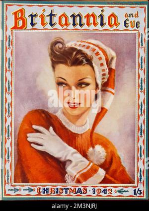 Front cover of Britannia and Eve magazine, Christmas 1942, featuring a stylish woman wearing a festive red and white sweater, hat and gloves combo.     Date: 1942 Stock Photo