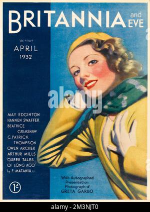 Front cover of Britannia and Eve magazine featuring a fresh-faced breezy looking woman in a yellow outfit finished off with red lipstick and a green neck scarf.     Date: 1932 Stock Photo