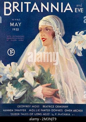 Front cover of Britannia and Eve magazine, featuring a blushing bride with a full veil holding a large bridal bouquet of lilies.     Date: 1932 Stock Photo