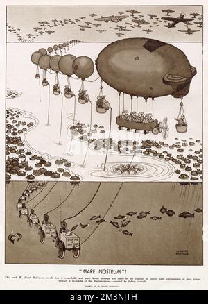 William Heath Robinson shows how a remarkable and most heroic attempt was made by the Italians to convoy fresh fish to their troops through a minefield in the Mediterranean escort by fighter aircraft. Stock Photo
