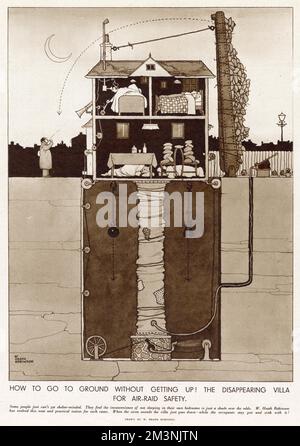 William Heath Robinson suggestion of not leaving your bed at night when the siren sounds for an air-raid, just pull a lever and the whole house will go underground. Stock Photo