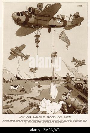 British soldiers had landed in Italy by parachute, here is an illustration by William Heath Robinson showing how they returned! Stock Photo