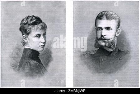 Engagement portraits of Princess Elizabeth of Hesse and the Rhine (later Grand Duchess Elizabeth Feodorovna of Russia - Elizabeth Feodorovna Romanova - canonized as St. Elizabeth Romanova - 18641918) and Grand Duke Sergei Alexandrovich (Sergius) of Russia, fifth son of Emperor Alexander II of Russia. They were married in St Petersburg on 15th June 1884.     Date: 1884 Stock Photo