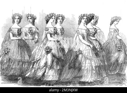 Eight bridesmaids at the marriage of Crown Prince Frederick William of Prussia and the Princess Royal, eldest daughter of Queen Victoria. These unmarried daughters of dukes, marquises and earls were responsible for bearing the train of the Princess Royal.     Date: 1858 Stock Photo