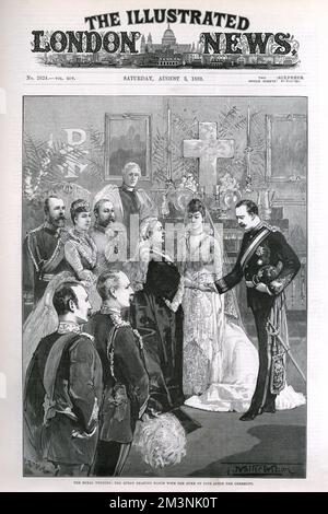 Alexander William George Duff, 6th Earl and 1st Duke of Fife (1849-1912) marries Princess Louise Victoria (1867-1931), eldest daughter of Edward Prince of Wales (Later King Edward VII) on Saturday 27th July 1889 at the Private Chapel in Buckingham Palace. Here Queen Victoria shakes hands with the Duke at the end of the ceremony.     Date: 1889 Stock Photo