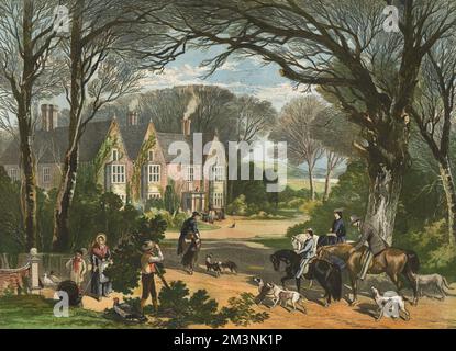 The Happy Homes of England - Christmas Holidays. A well-to-do Victorian family return on horseback from a ride on their estate, to their stately home in pleasant English countryside. They are greeted by several dogs, and by servants including a gardener and a woman tending turkeys which are probably going to be eaten for Christmas dinner.     Date: 1857 Stock Photo