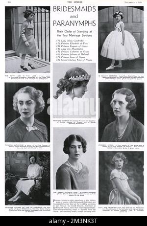Page from The Sphere with photographs of the eight bridesmaids chosen to attend Princess Marina of Greece for her marriage to Prince George, Duke of Kent on 29 November 1934 at Westminster Abbey.  Left from top: Princess Elizabeth of York (Queen Elizabeth II), Princess Catherine of Greece (Lady Catherine Brandram), Princess Juliana of the Netherlands (later Queen).  Middle column from top, Princess Eugenie of Greece, Grand Duchess Kira of Russia.  Right from top; Lady Mary Cambridge, Princess Irene of Greece (sister of Princess Catherine) and Lady Iris Mountbatten.     Date: 1934 Stock Photo