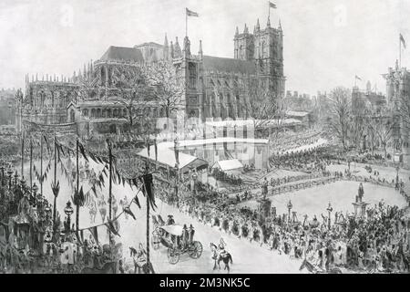 A part of London rich in historic associations and the scene of so much past pageantry, Parliament Square in the immediate neighbourhood of Westminster Abbey, presented a most brilliant spectacle of all on the processional route for the wedding of Prince George, Duke of Kent to Princess Marina of Greece on 29 November 1934.  Gaily decked stands with privileged spectators, pavements thronged with expectant crowds and multicoloured decorations all helped to create an atmosphere fitting to the occasion.  Scene shows the moment the bridal carriage and its escort passed slowly by.     Date: 1934 Stock Photo