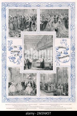 The marriages of Queen Victoria's children- left to right from top: 1. The marriage of the Duke of Connaught with Princess Louise Margaret of Prussia in St George's Chapel, Windsor, 13th March 1879. 2. The marriage of Princess Louise with the Marquis of Lorne, in St George's Chapel, Windsor, 21st March 1871. 3. The marriage of the Princess Royal with Prince Frederick William of Prussia in the Chapel Royal, St James's, 25th January 1858. 4. The marriage of Princess Alice with Prince Louis of Hesse, at Osborne House, 1st July 1862. 5. The marriage of the Duke of Edinburgh with the Grand Duchess Stock Photo