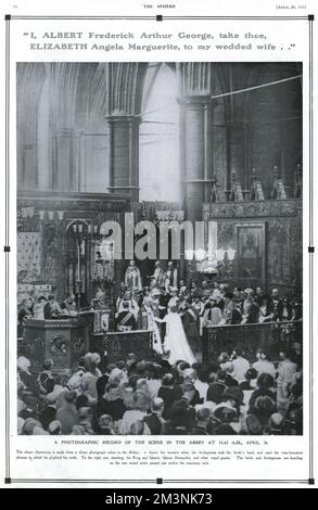 Scene in Westminster Abbey at the moment Prince Albert, Duke of York took his bride, Lady Elizabeth Bowes-Lyons hand and plighted his troth in the presence of the Archbishop of Canterbury and the Royal family.  The couple married on 26 April 1923.     Date: 1923 Stock Photo