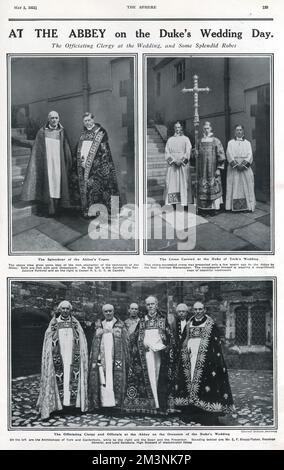 Page from The Sphere showing the officiating clergy at the marriage of Prince Albert, Duke of York to Lady Elizabeth Bowes-Lyon on 26 April 1923 at Westminster Abbey.  Top left picture shows the splendour of the Abbey's copes and the rich character of the vestments of the Abbey rich in gold threadwork.  On the right is the cross carried at the wedding made by Rodman Wanamaker with the crossbearer wearing a magnificent cope of beautiful needlework.  The bottom picture shows the clergy and officials including Cosmo Lang, Archbishop of Canterbury and the Archbishop of York on the left while to th Stock Photo