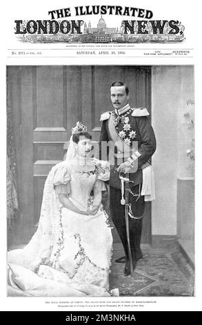 Front-cover wedding portrait of the Grand Duke and Duchess of the Hesse-Darmstadt at Coburg. Princess Victoria Melita was daughter of Alfred, Duke of Edinburgh and a granddaughter of Queen Victoria as well as of Tsar Nicholas II of Russia. Her marriage to her paternal first cousin Ernst Ludwig, ended in divorce in 1901.     Date: 1894 Stock Photo