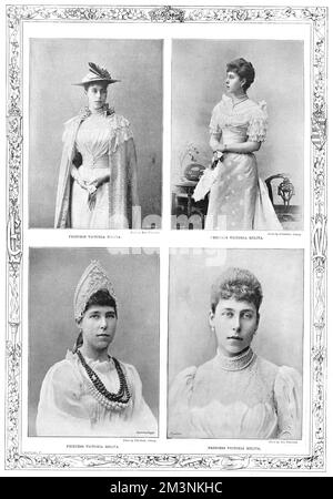 Four portraits of Victoria Melita of Edinburgh, in honour of her recent marriage to Grand Duke Ernst Ludwig of Hesse on 19th April 1894. Princess Victoria Melita was daughter of Alfred, Duke of Edinburgh and a granddaughter of Queen Victoria as well as of Tsar Nicholas II of Russia. Her marriage to her paternal first cousin Ernst Ludwig, ended in divorce in 1901.     Date: 1894 Stock Photo