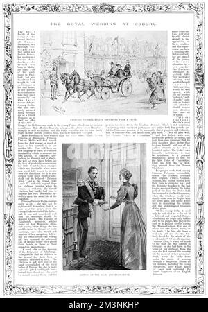 Celebrating the royal wedding of Princess Victoria Melita of Edinburgh and Prince Ernst Ludwig, Grand Duke of Hesse, in Coburg on the 19th April 1894. The top image shows the princess returning from a drive, and the bottom shows the meeting of the bride and bridegroom. Princess Victoria Melita was daughter of Alfred, Duke of Edinburgh and a granddaughter of Queen Victoria as well as of Tsar Nicholas II of Russia. Her marriage to her paternal first cousin Ernst Ludwig, ended in divorce in 1901.     Date: 1894 Stock Photo