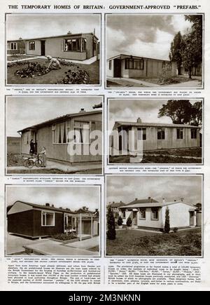 Government-approved homes, many houses were destroyed during the Second World War, so prefabricated houses (prefabs) were built, for homeless familes, these were erected quickly and cheaply, providing quality homes with central heating and modern kitchens.  Here shows some of the styles, estimated costs and how many being made.  1945 Stock Photo