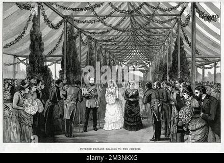 Scene inside the covered passage leading to the church, on the the wedding day of Princess Beatrice, youngest child of Queen Victoria, and Prince Henry of Battenberg.  The couple married at St Mildred's Church, Whippingham, near Osborne House on the Isle of Wight.  Princess Beatrice and her mother are walking side by side, while people bow to them as they pass.      Date: 23 July 1885 Stock Photo