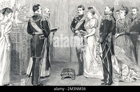 Princess Marie of Edinburgh and Prince Ferdinand Victor of Romania are married according to the rites of the Church of England in the dining room of Sigmaringen Castle on 10 January 1893.  The bride's mother and father, Prince Alfred, Duke of Edinburgh (later Duke of Saxe-Coburg) and mother (formerly Grand Duchess Marie Alexandrovna of Russia) stand just behind the couple.     Date: 1893