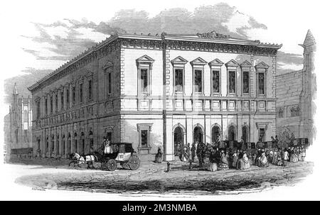 The exterior of the then-new Liverpool Philharmonic Concert Hall, at the time of the Liverpool Music Festival, 1849. The style is described by The Illustrated London News as &quot;Roman-Italian, plain, but bold in character.&quot;The building was replaced in 1939 when its predecessor burnt down in 1933.     Date: 1849 Stock Photo