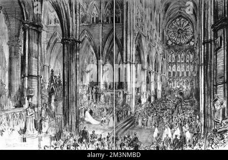 Drawing showing the magnificent interior of Westminster Abbey during the marriage of Princess Elizabeth to Lieutenant Philip Mountbatten on 20 November 1947.  It was made at the moment when the bride and bridegroom were kneeling at the High Altar steps and receiving the last words of the Archbishop of Canterbury.  The view looks towards the rose window of the South Transept and picks out members of the royal family as well as the bridesmaids.     Date: 1947 Stock Photo