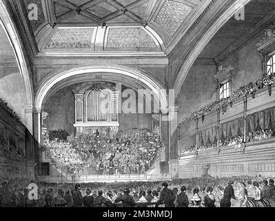 The interior of the then-new Liverpool Philharmonic Concert Hall, at the time of the Liverpool Music Festival, 1849. The building was eventually replaced in 1939 after its predecessor burnt down in 1933.     Date: 1849 Stock Photo