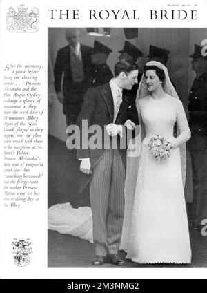Princess Alexandra of Kent appearing at the doorway of Westminster Abbey with her husband Angus Ogilvy following their marriage there on 24 April 1963.  The bride wore a dress of magnolia tinted lace by John  Kavanagh and the diamond 'fringe' tiara worn by her mother, Princess Marina on her own wedding day at the Abbey in 1934.     Date: 1963 Stock Photo