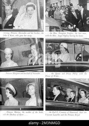 Page from the Tatler showing the various members of the royal family arriving at Westminster Abbey for the wedding of Princess Alexandra of Kent to Angus Ogilvy on 24 April 1963.  From top, the bride and her elder brother the Duke of Kent, who gave her away, the groom leaving his home with his best man, Peregrine Fairfax, Princess Margaret and the Earl of Snowdon, Queen Elizabeth II, Prince Philip, Duke of Edinburgh and Prince Charles, Prince of Wales, Princess Marina, mother of the bride with the Duchess of Kent and the Earl and Countess of Harewood with Viscount Lascelles and Princess Mary, Stock Photo