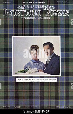 Front cover of The Illustrated London News special wedding number celebrating the marriage of Princess Alexandra of Kent to the Hon. Angus Ogilvy at Westminster Abbey on 24 April 1963.  The tartan background is a reference to the groom's Scottish heritage.          Date: 1963 Stock Photo