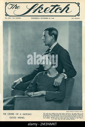 Front cover of The Sketch featuring an engagement portrait of George, Duke of Kent and his bride-to-be, Princess Marina of Greece prior to their marriage at Westminster Abbey on 29 November 1934.     Date: 1934 Stock Photo