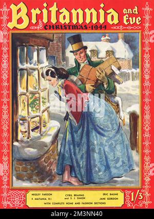 Front cover of Britannia and Eve magazine featuring a festive illustration of a Victorian couple.  The gentleman, in a green frock coat and top hat is laden with parcels and a goose, while his female companion, stops to admire the twinkling display in a shop window.     Date: 1944 Stock Photo