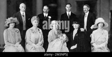 A group photograph of members of the royal family, taken after the christening of Princess Elizabeth at Buckingham Palace. Back row, left to right: the Duke of Connaught, King George V, the Duke of York, the Earl of Strathmore. Front row: Lady Elphinstone, Queen Mary, the Duchess of York with Princess Elizabeth, the Countess of Strathmore, Princess Mary.      Date: 1926 Stock Photo