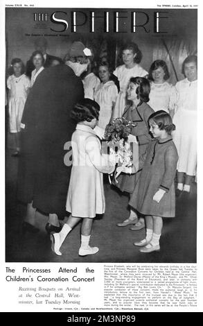 Princess Elizabeth and Princess Margaret attend the Children's Coronation Concert at the Central Hall, Westminster. It is their father, King George VI, whose coronation is being celebrated.      Date: 1937 Stock Photo