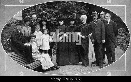 Portrait of Queen Alexandra and her Danish relatives at Bernstorff Castle in Denmark.  From left to right are the Duke of Cumberland, Princess Victoria (Toria), Princess Olga of Cumberland (seated), Prince George of Greece, Princess George of Greece (formerly Princess Marie Bonaparte), in front of whom are standing their children - Prince Petros and Princess Eugenie of Greece - note the broken arm of Prince Petros in a sling - Queen Alexandra, the Empress Marie of Russia (formerly Princess Dagmar of Denmark), the Duchess Thyra of Cumberland, Prince Waldemar of Denmark, his son Prince Aage of D