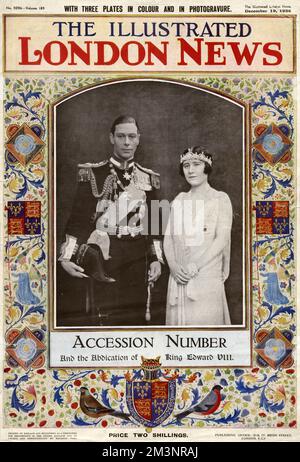 Front cover of the Illustrated London News, Accession Number reporting on the abdication of King Edward VIII and the accession of his younger brother, Albert, Duke of York who became King George VI in December 1936.  Cover features a picture of the new King together with Queen Elizabeth (later the Queen Mother) and a medieval style border decorated with royalist emblems and the royal standard.     Date: 1936 Stock Photo