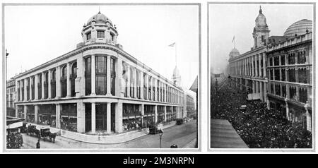 Two pictures reporting on the opening of Whiteley's department store in Bayswater, West London in at the end of November 1911.  The original store, in Westbourne Grove had burned down in 1887 and this new building took retail to a new level, dazzling shoppers with its size and amenities such as a golf course on the roof and a theatre. The huge crowds that assembled for the opening can be seen in the right hand picture.     Date: 1911 Stock Photo