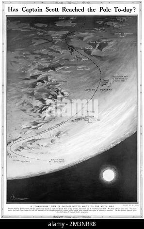 Page from The Sphere magazine speculating on whether Captain Robert Falcon Scott and his polar exploration team had reached the South Pole in December 1911, as scheduled, with a diagram showing his route across Antarctica.  In actual fact, the Norwegian Roald Amundsen had reached the Pole first on 14th December and Scott and his colleagues perished on the return journey in March 1912.       Date: 1911 Stock Photo