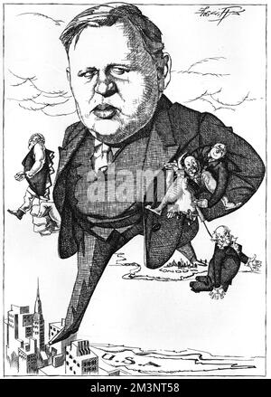 Caricature of Charles Laughton (1899 - 1962), English character actor of stage and screen.  Picture bestriding the Atlantic to indicate his success in both the UK and USA and clutching a number of dolls representing the characters he had played including Henry VIII, Nero, the murderer in 'Payment Deferred' and Mr Moulton-Barrett in 'The Barretts of Wimpole Street'.       Date: 1935 Stock Photo