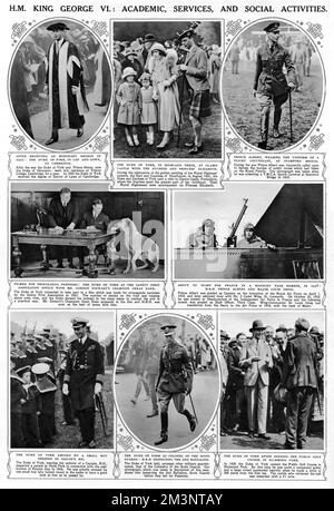 Page from the Illustrated London News Accession Number 1936 with a number of photographs depicting the new King George VI involved in various engagements as Duke of York, including in military uniform for an inspection of the 2nd Battalion of the Scots Guards, about to start for France in a Handley Page bomber in 1918 with Major Louis Greig, and opening up a public golf course in Richmond Park.       Date: 1936 Stock Photo